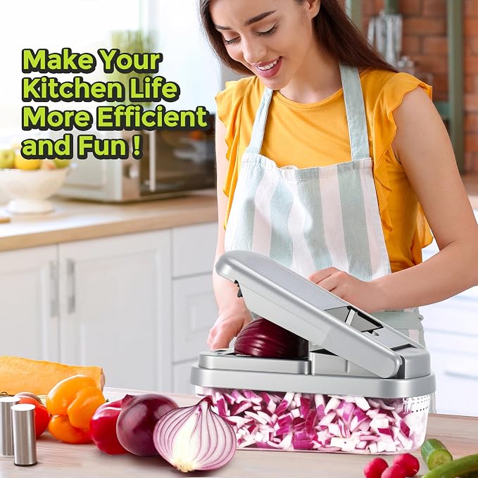 Vegetable Chopper,12-in-1 Multifunctional Food Chopper,Professional Onion Chopper with 7 Blades,Vegetable Cutter with Container for Salad,Potato,Carrot,and Garlic Essential Kitchen Tool (Silver black)