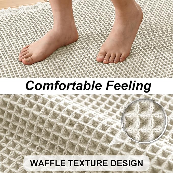 JIUZHEN Set of 2 Waffle Bath Mats Non Slip Waffle Bathroom Runner Rug Washable Boho Runner Bath Rugs Super Absorbent Shower Mat for Bathroom Kitchen Hallway Laundry, 16" x 24" +24" x 48", Ivory