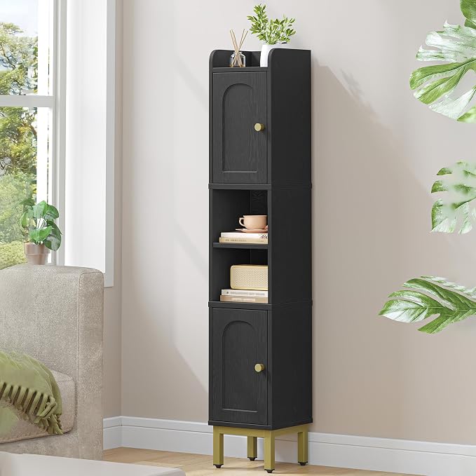 Hzuaneri Slim Bathroom Storage Cabinet, Narrow Bathroom Organizers and Storage with 4 Adjustable Feet, Laundry Room Organization for Small Space, Kitchen, Living Room, 2 Doors Black BC22404G