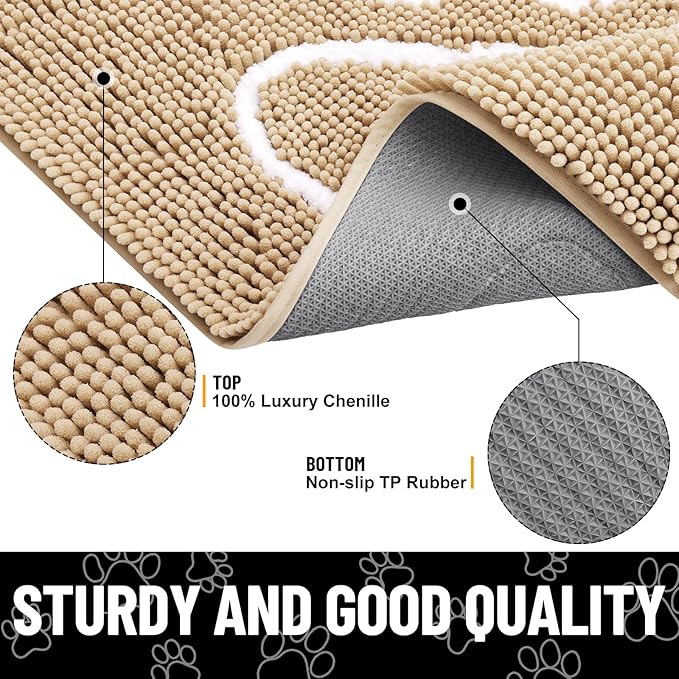 Smiry Dog Door Mat for Muddy Paws, Absorbent Dirt Trapper Non Slip Quick Dry Washable Chenille Mat for Mud Dogs, Entry Rug for Indoor and Outdoor (59x24 Inches, Beige and White)
