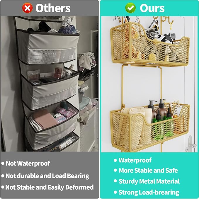 HapiRm Over The Door Organizer - Hanging Door Organizer with 4 Metal Large Capacity Baskets and Adjustable Coat Hook for Bathroom Bedroom Kitchen Pantry Closet Cabinet