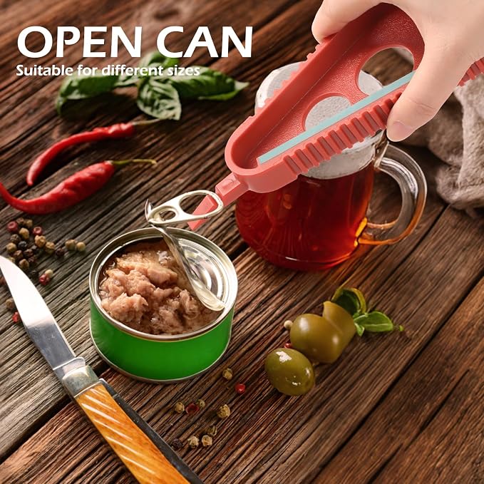 GeeRic Father's Day Jar Opener for Weak Hands & Seniors, Multi-Functional Bottle Opener Tool for Lids, Tabs, Caps, Pull Rings, 5-in-1 Can Opener Dark Red