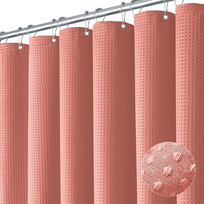 Dynamene Extra Long Shower Curtain - 96 Inch Long Waffle Weave Weighted Thick Cloth Bathroom Shower Curtain, Neutral Heavy Duty Hotel Bath Curtain Set with 12 Plastic Hooks,72x96, Coral