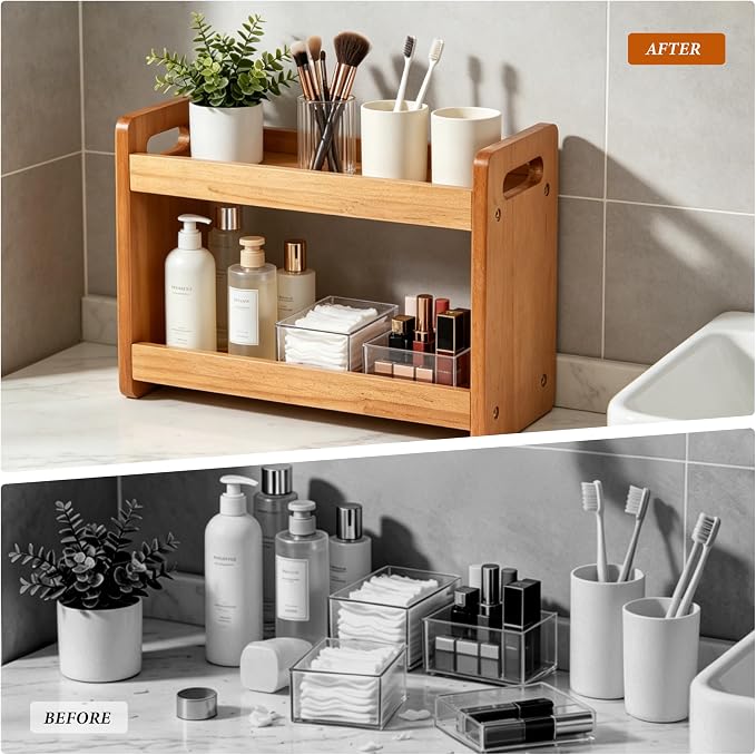 Bathroom Counter Organizer, 2 Tier Bathroom Countertop Organizer, Bathroom Counter Shelf, Wooden Makeup Organizers Countertop, Bathroom Vanity Organizers and Storage for Bedroom, Gifts