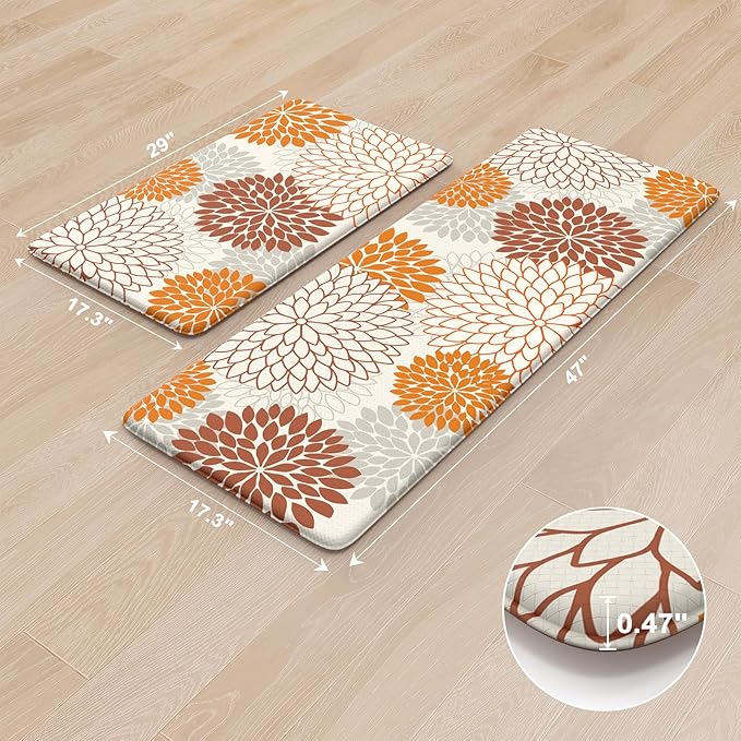 KIMODE Kitchen Mats for Floor Anti Fatigue, 17"x47"+17"x29" Dahlia Floral Kitchen Floor Mats,Farmhouse Kitchen Rugs Non Slip Cushioned, Comfort Standing Desk Mat for Sink, Laundry, Desk Orange