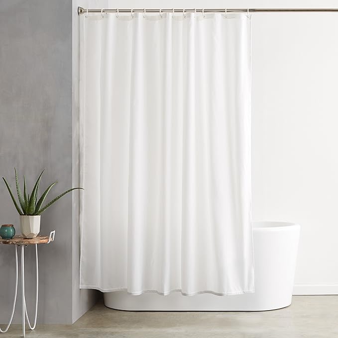 Amazon Basics Bathroom Shower Curtain, Water Repellent Fabric with Weighted Hem, Grommets & Hooks, Machine Washable, 72"x72", White