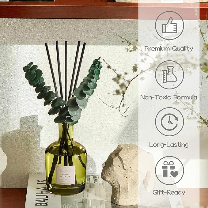 COCORRÍNA Olive Blossom Reed Diffuser – 6.76 oz Essential Oil with 8 Reeds & Real Eucalyptus Sticks, Home Fragrance for Bedroom or Bathroom Décor
