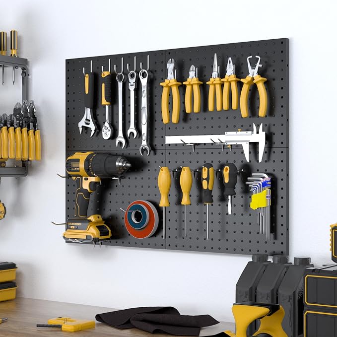 Spampur Peg Board, 4 Pack Metal Pegboard Panels with 50 Hooks, Black Pegboards Wall Organizer, Heavy Duty Peg Board for Walls Home, Garage Tool Storage, Office Organization, Craft Room, Kitchen