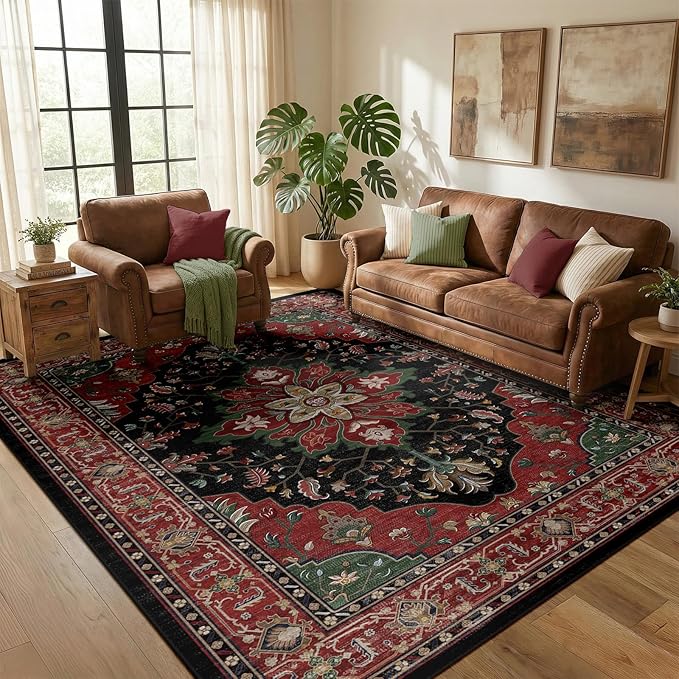 RELEANY Area Rugs 5'x7' Washable Non-Slip, Floral Vintage Distress Medallion Carpet for Living Room Bedroom Dining Room, Red Black