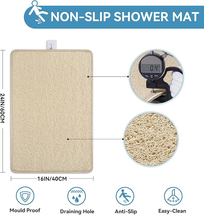 Non Slip Shower Mat Bathtub Mat 16x24 Inch, Quick Dry Bath Mat with Drain, Soft PVC Imitation Loofah Foot Scrubber Bath Mats for Bathroom Tub Shower Floor, Hangable & Hook Included, Beige