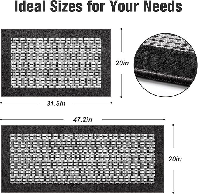 StepRite Kitchen Mats for Floor, Non-Slip Kitchen Rugs Set of 2 PCS, Super Absorbent Washable Kitchen Mats with Rubber Backing, Runner Mats for Front of Sink (20"x32"+20"x47" Black)