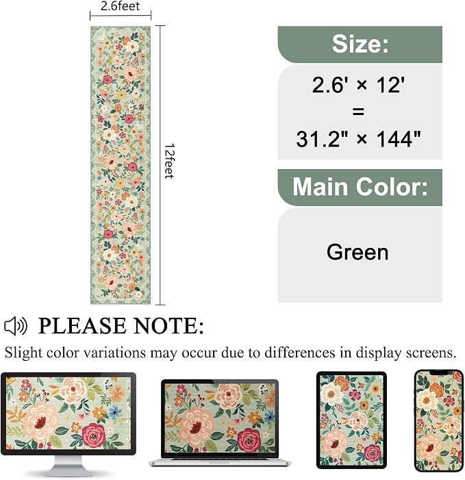 DUKINO 2.6x12 Kitchen Runner Rug, Lightweight Floral Washable Rug for Hallway, Boho Low Pile & Non Slip Backing Soft Floor Carpet for Entryway, Bedroom, Bathroom, Laundry, Green