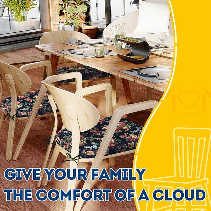 AAAAAcessories D-Shaped Chair Cushions, 2" Thick Dining Chair Pads with Ties and Removable, Machine-Washable Cover, 17" x 16", Set of 4, Night-Blooming Blossoms