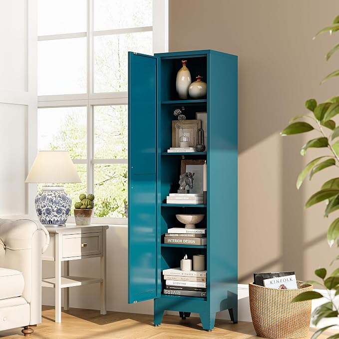 Tall Narrow Kitchen Pantry Cabinet for Small Space, 67" Metal Slim Pantry with Single Door and 4 Adjustable Shelves, Freestanding Skinny Storage Metal Broom Closet for Bathroom, Living Room, Laundry