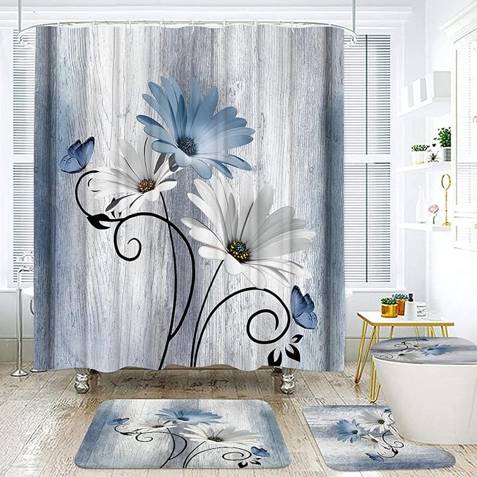 Onalasyc 4PCS Blue Daisy Flowers Plants Shower Curtain Set, Shower Curtain and Carpet and Accessories, Waterproof Bathroom Shower Curtain Decorative Set, with 12 pcs Hooks,71 x 71in