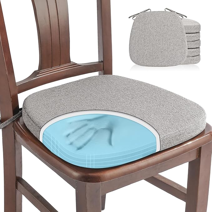 SINOSSO 6 Pack Memory Foam Chair Cushions for Dining Chairs, Friendly Woven Fabric 16" U-Shape Comfortable Kitchen Chair Pads, Removable Slip Resistant Seat Cushions (Set of 6, Light Grey)