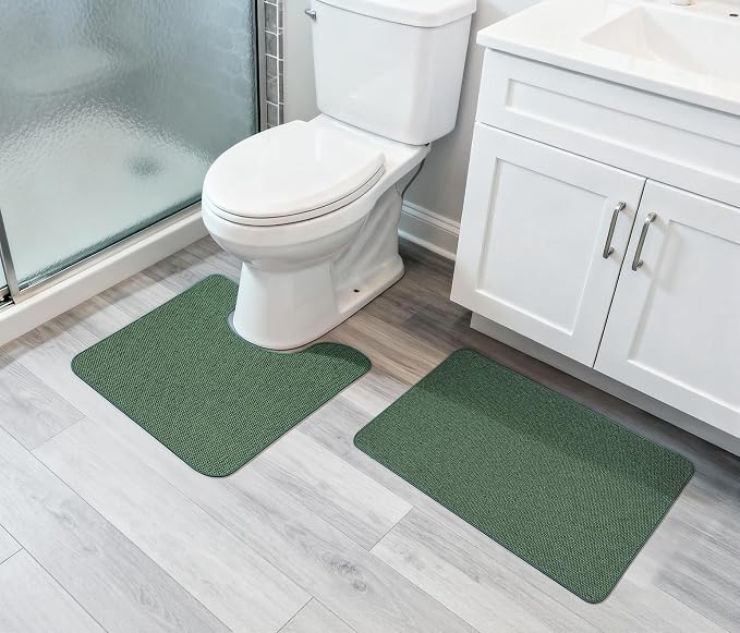 Bosap Bathroom Rugs Set 2 Pieces,Thin Bathroom Mats,Toilet Rugs,Quick Dry,Non-Slip,Machine Washable,Low Pile,Absorbent Bath Mats,Shower,Sink,Home Decor Accessories.Green,1'5"x2'3"+1'8"x2" U Shape