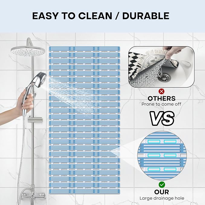 XIYUNTE Shower Mat Non Slip Bath Mat for Tub - 36 x 16 Inch Bathtub Mat Non Slip Shower Mats for Inside Shower, TPE Bath Mat with Suction Cups and Drain Holes, Easy to Cut, Blue