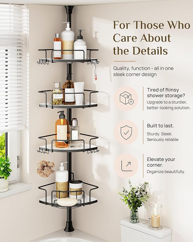 ALLZONE Corner Shower Caddy Tension Pole, 4 Hang-On Basket with Mixed-Height Shelves for Various Bottle Sizes, Extra Hooks & Soap Holder, Rustproof Stainless Steel, Fits 34–116 Inch, Black/White
