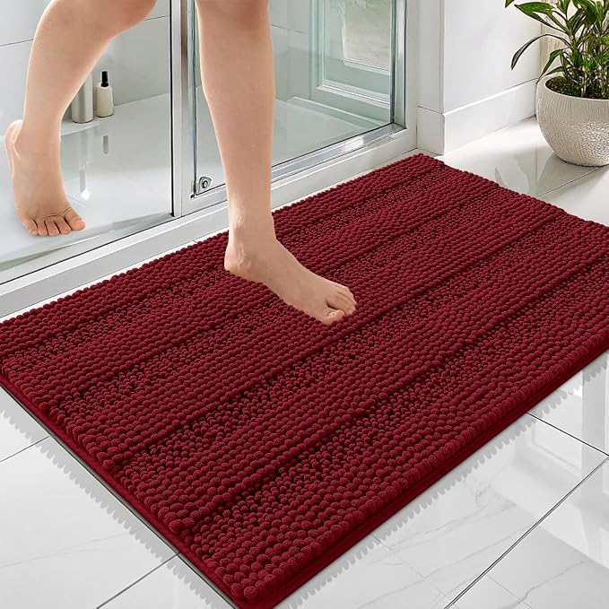 OLANLY Thick Bathroom Rugs 36x24, Extra Soft Absorbent Chenille Striped Bath Rugs, Rubber Backing, Machine Wash Dry, Bath Mats for Bathroom Floor, Tub and Shower, Home Decor Accessories, Red