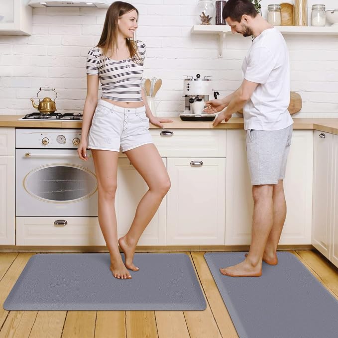 HappyTrends 2 PCS Kitchen Mat Cushioned Anti-Fatigue Floor Mat, Heavy Duty Ergonomic Comfort Foam Standing Mat, Waterproof Non-Slip Kitchen Rugs for Home, Office, Laundry,Grey