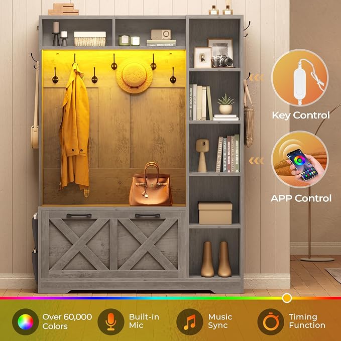 Itaar Hall Tree with Bench and Shoe Storage, Farmhouse Entryway Bench with Coat Rack, Shoe Cabinet with Flip Drawers, 7 Shelves, 10 Coat Hooks, Storage Bag, Led Lights, Grey