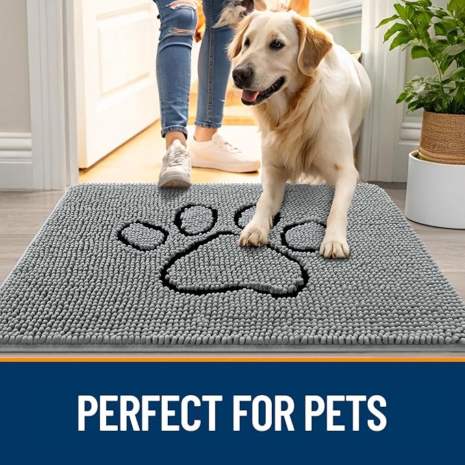 OLANLY Dog Door Mat for Muddy Paws 40x24, Paw Print Design, Absorbs Moisture and Dirt, Absorbent Non-Slip Washable Doormat, Quick Dry Chenille Mud Mat for Dogs, Entry Indoor Entryway Carpet, Grey
