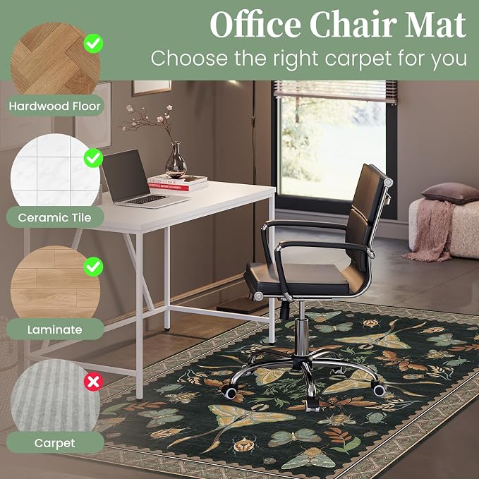 Office Chair Mat for Hardwood Floor & Tile Floor,48"X 60" Heavy Duty Desk Chair Mat for Hard Floors, Under Desk Rug for Rolling Computer Chair,Anti Slip,Low Pile Carpet Floor-Colorful Insects