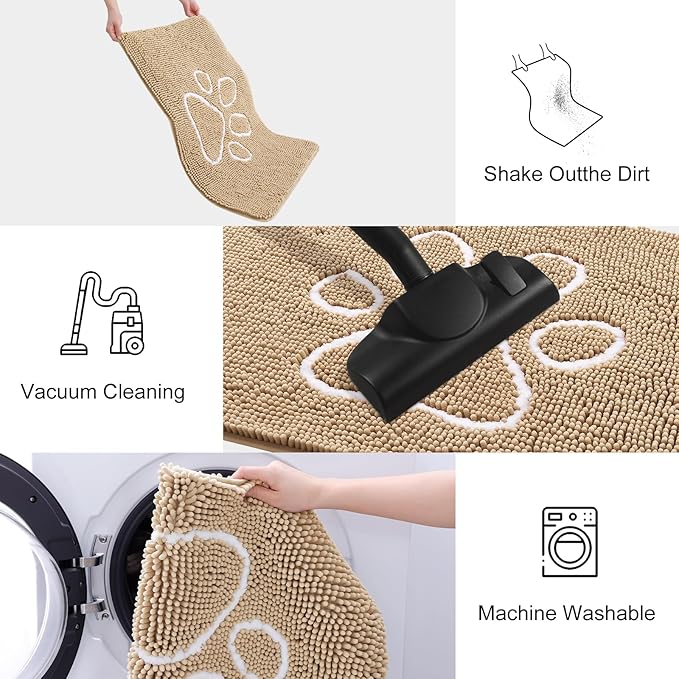 Smiry Dog Door Mat for Muddy Paws, Absorbent Dirt Trapper Non Slip Quick Dry Washable Chenille Mat for Mud Dogs, Entry Rug for Indoor and Outdoor (34x21 Inches, Beige and White)