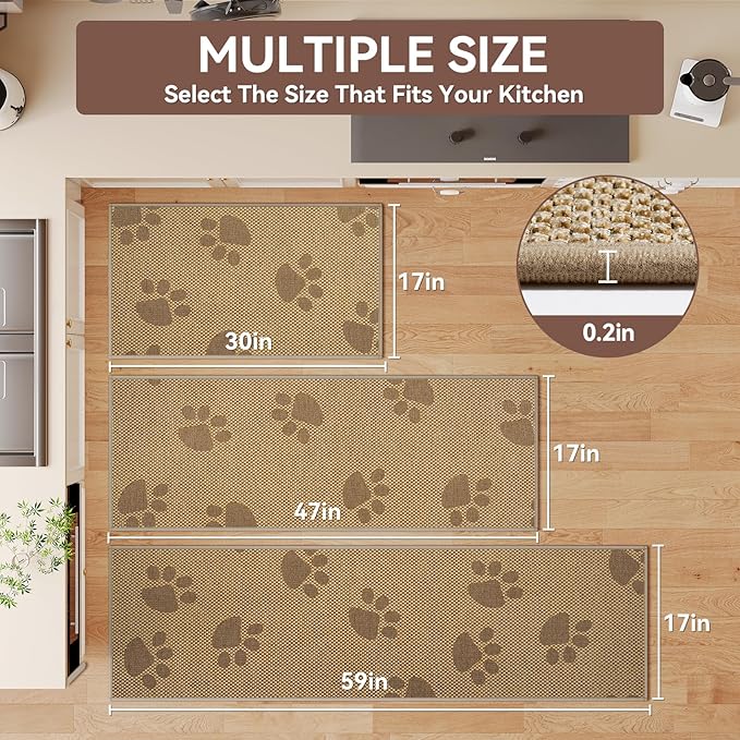 YDKGL Kitchen Mats for Floor, Super Absorbent Kitchen Rugs Non Slip Washable, Rubber Backing Soft Woven Linen Embroidery Runner Rug, Standing Mat Kitchen Sink Mat, Easy to Clean, Brown 17x47