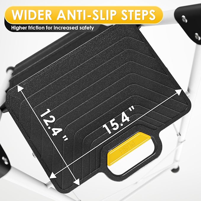 TOOLF 5 Step Ladder, Sturdy Steel Step Stool with Tool Platform, Anti-Slip Wide Pedals, Handrail, Safe-Lock Design, Folding Portable Ladder for Home, Kitchen, Pass 800lbs Load Testing, White