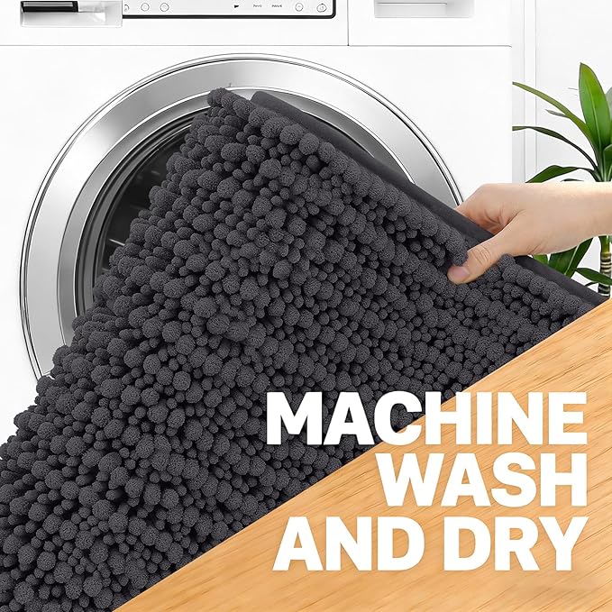 OLANLY Bathroom Rug Mat 24x16, Thick Soft and Absorbent Chenille Bath Mat, Non-Slip Rubber Backing, Machine Washable Quick Dry Bath Rugs for Tub Shower Floor, Home Decor Accessories, Dark Grey