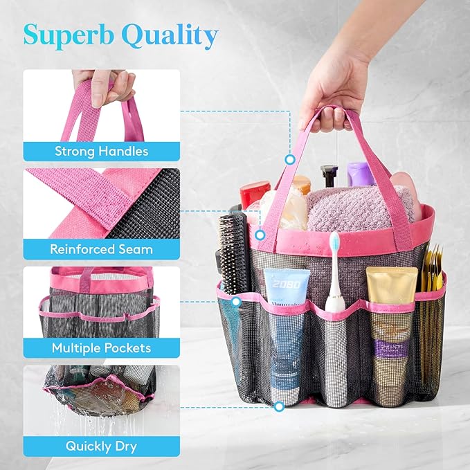 Lifewit Mesh Shower Caddy Portable for College Dorm Room Essentials with 7 Pockets, Freestanding Hanging Organizer Basket, Quick Dry Tote Bag for Camping, Bathroom, Beach, Travel, 1 Pack, Pink