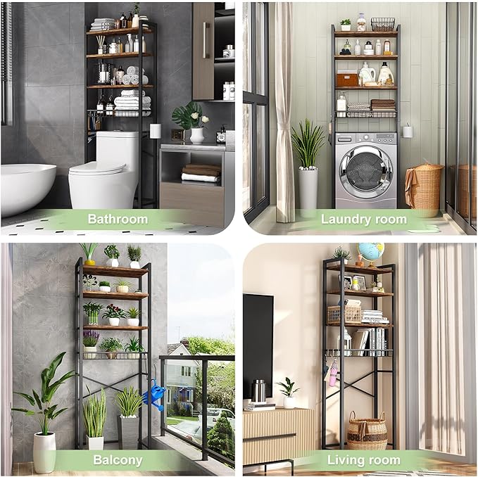 Kalrin Over-The-Toilet Storage Rack, 4-Tier Bathroom Organizer Shelf Over Toilet with Adjustable Shelf and Basket, Freestanding Space Saver Bathroom Shelves Above Toilet for Room (Vintage Brown)