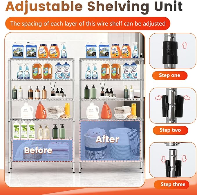 BestOffice | 6-Tier Wire Storage Shelves with Wheels | 18x45x82 | Chrome | Adjustable Racks | Heavy-Duty Metal Shelf, Holds Upto 2100 lbs | No-Tool Assembly | Ideal for Home & Garage Shelving