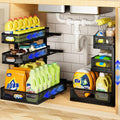 Under Sink Organizer 3 Tier, 2 Pack L-Shaped Pull-Out Cabinet Organizer with Sliding Metal Mesh Drawers, Height Adjustable Under Sink Storage Rack for Kitchen Bathroom Cabinet, Black