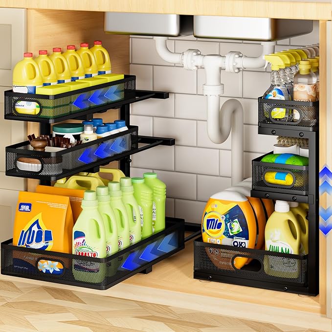 Under Sink Organizer 3 Tier, 2 Pack L-Shaped Pull-Out Cabinet Organizer with Sliding Metal Mesh Drawers, Height Adjustable Under Sink Storage Rack for Kitchen Bathroom Cabinet, Black