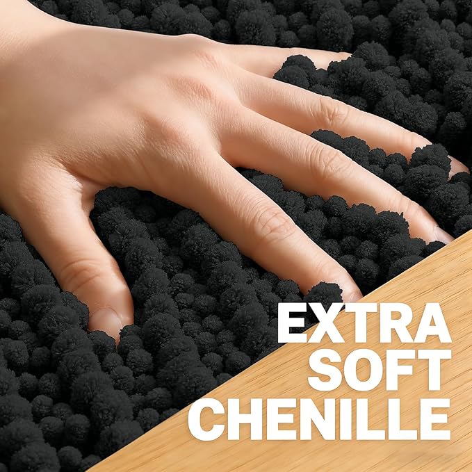 OLANLY Long Bathroom Rugs Runner 59x24, Thick Soft and Absorbent Chenille Bath Mat, Non-Slip, Machine Washable Quick Dry Bath Rugs for Tub Shower Floor, Home Decor Accessories, Black