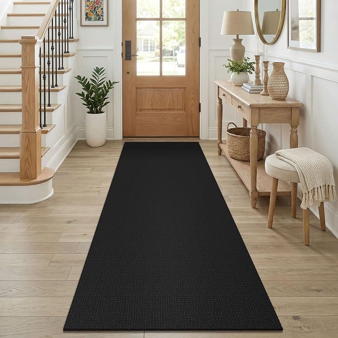 KOZYFLY Black Runners for Hallway 2.5'x8', Washable Runner Rug, Woven Non Slip Kitchen Runner, Braided Entryway Rug, Floor Carpet for Foyer, Bedroom, Hall, Black/Dark Grey