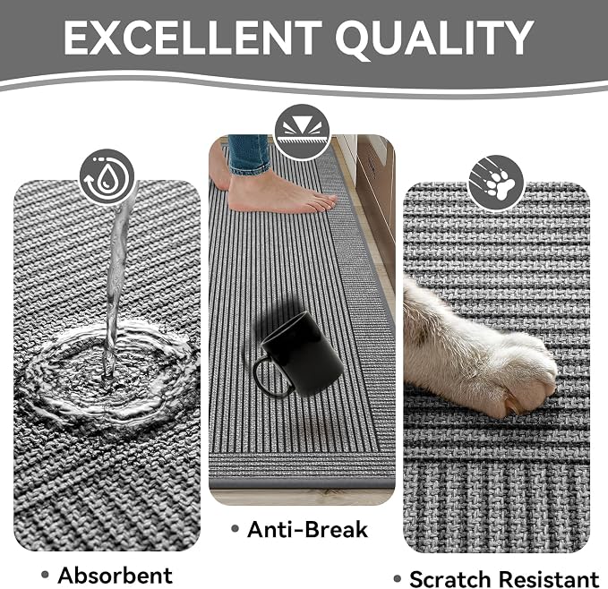 Kitchen Mats for Floor, 17''x30''+17''x47''Kitchen Rugs Set of 2, Washable Non Slip Absorbent Kitchen Mat, Braided Kitchen Runner Rug, Kitchen Sink Rug, Grey
