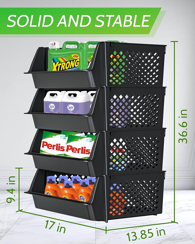 TidyFriend 4 Pk Large Stackable Storage Bins Open Front for Pantry Organizers and Storage, Pantry Storage for Food, Kitchen and Home Organization, Plastic Storage Bins, Dorm Room Essentials (Black)