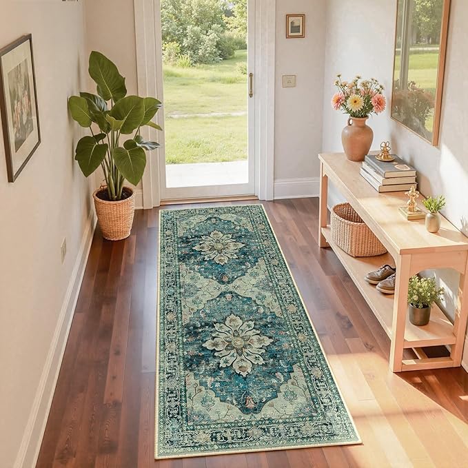 RELEANY Area Rugs Runner 2'x6' Washable Non-Slip, Floral Vintage Distress Medallion Carpet for Kitchen Hallway Bedroom Beside Laundry Room Bathroom, Dark Blue Vintage