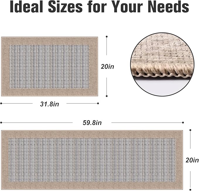 StepRite Kitchen Mats for Floor, Non-Slip Kitchen Rugs Set of 2 PCS, Super Absorbent Washable Kitchen Mats with Rubber Backing, Runner Mats for Front of Sink (20"x32"+20"x60" Khaki)