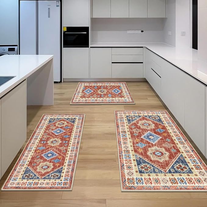 HEBE Boho Kitchen Rug Sets 3 Piece with Runner Non Slip Kitchen Rugs and Mats Washable Kitchen Mats for Floor Thick Kitchen Floor Mat Carpet Runner Rugs for Hallway Laundry Holiday Decor