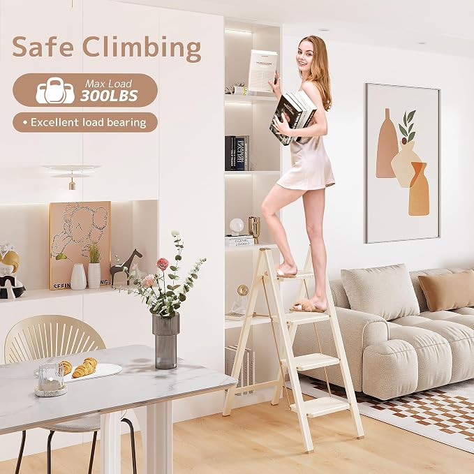 4 Step Ladder Folding Step Stool with Wide Anti-Slip Pedal, 330LBS Capacity, Lightweight Portable Stepladder for Home and Kitchen Use, Cream Chocolate