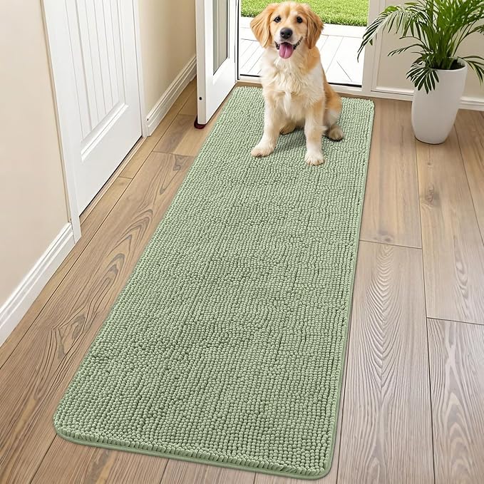 Smiry Dog Door Mat for Muddy Paws 70x24, Absorbent Dirt Trapper, Non-Slip Washable Chenille Entryway Rug for Inside Floor, Sage Green, Classic Solid