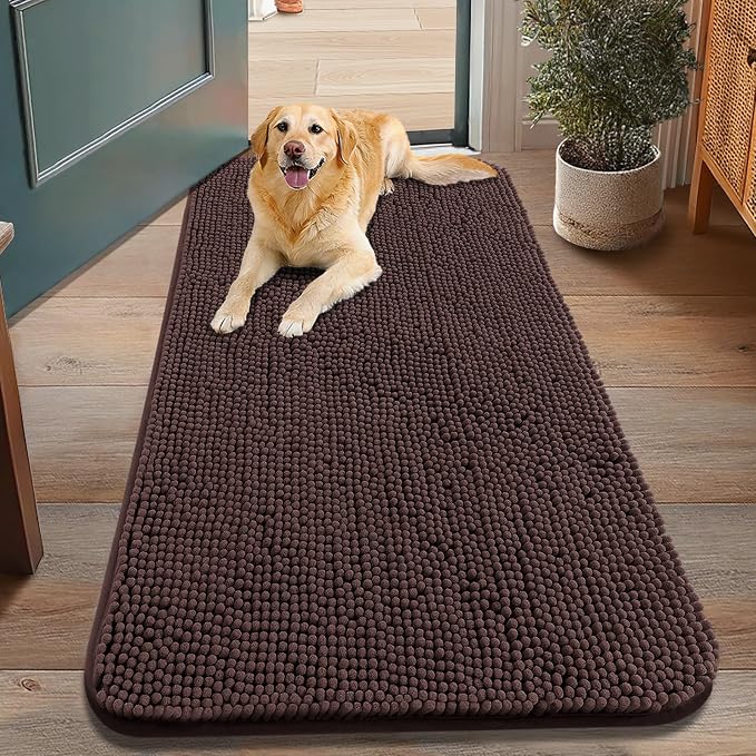 Smiry Dog Door Mat for Muddy Paws 48x30, Absorbent Dirt Trapper, Non-Slip Washable Chenille Entryway Rug for Inside Floor, Brown, Classic Solid