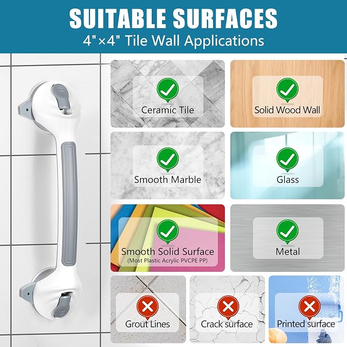 MCDEX Grab Bars for Shower, 2 Pack Shower Handle for Elderly (Gray White) | Safety Signal Indicators, Strong Suction Cup, Easy Installation, No Drill, Removable, Anti-Slip, Waterproof