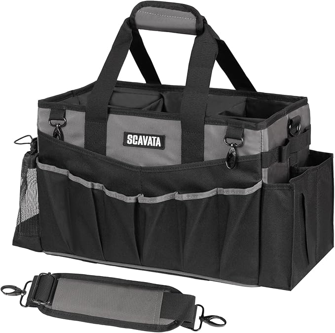 SCAVATA Wearable Cleaning Caddy Bag, Cleaning Caddy Supplies Organizer with Handle & Shoulder Straps for Housekeepers, Under Sink & Car Cleaning Tool Organizers with 4 Foldable Divider (DarkGrey)