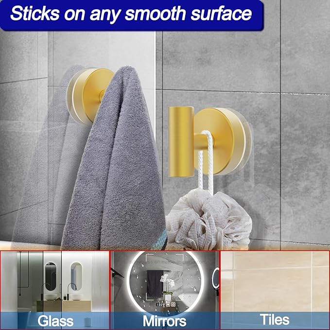 Bntuk Suction Cup Hooks, Shower Hooks for Inside Shower – Removable Towel Hooks for Bathroom Window Glass Mirror Tile, Bath Robe Looafh Hook for Hanging – Waterproof & Rustproof, Gold(2 Pack)